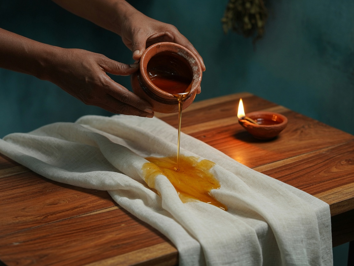 Óleo quente a ser vertido sobre linho numa mesa de massagem